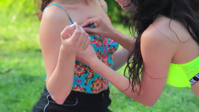 ¡Mira a esta sexy chica de fiesta mostrando sus pantimedias y su sostén en el ambiente al aire libre del parque!